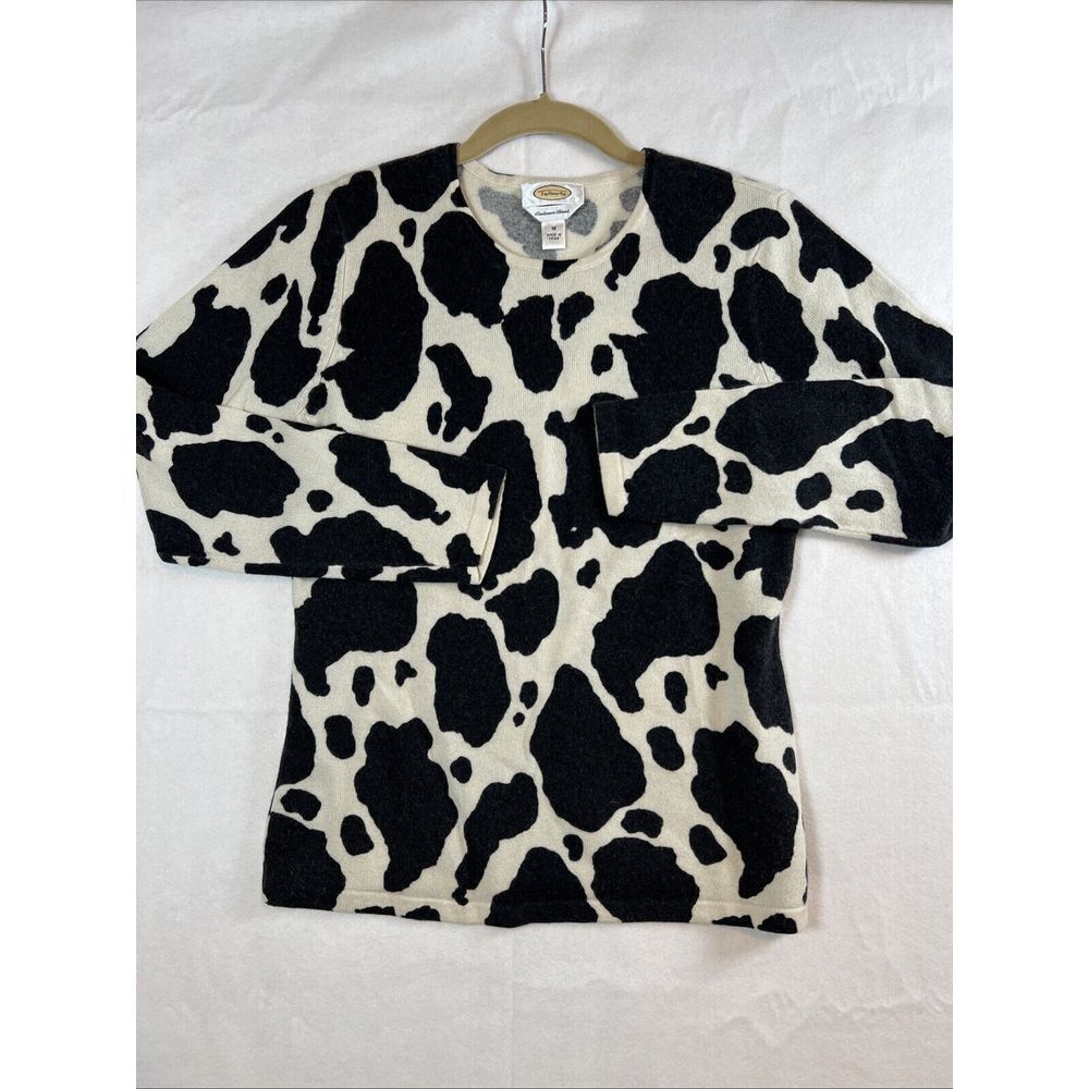 Talbots Sweater Womens Size Medium Black Beige Cashmere Silk Blend Cow Print
